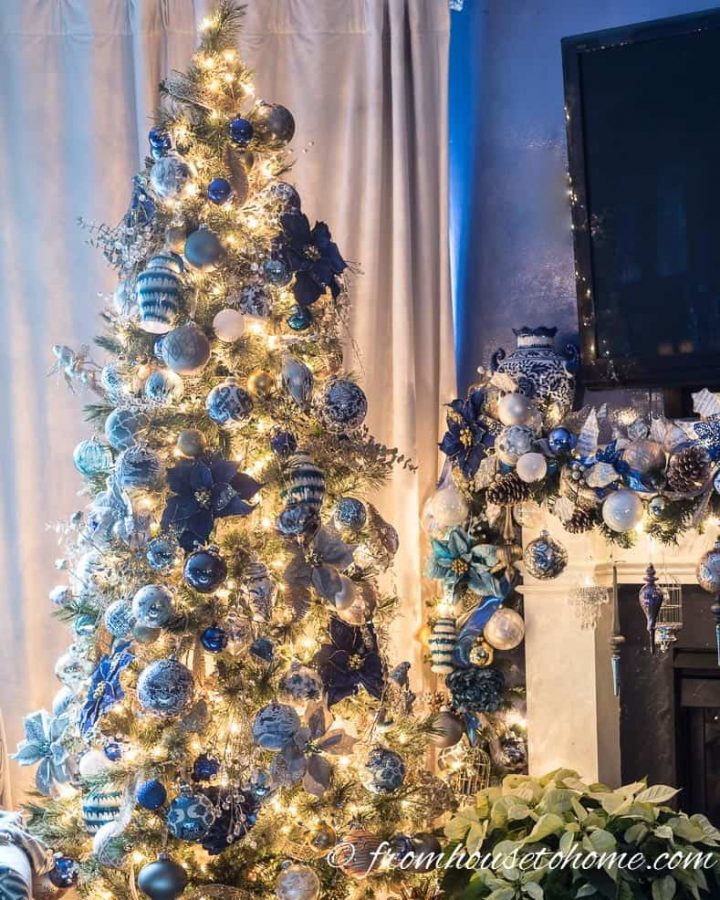 Blue, white and gold Christmas tree decor