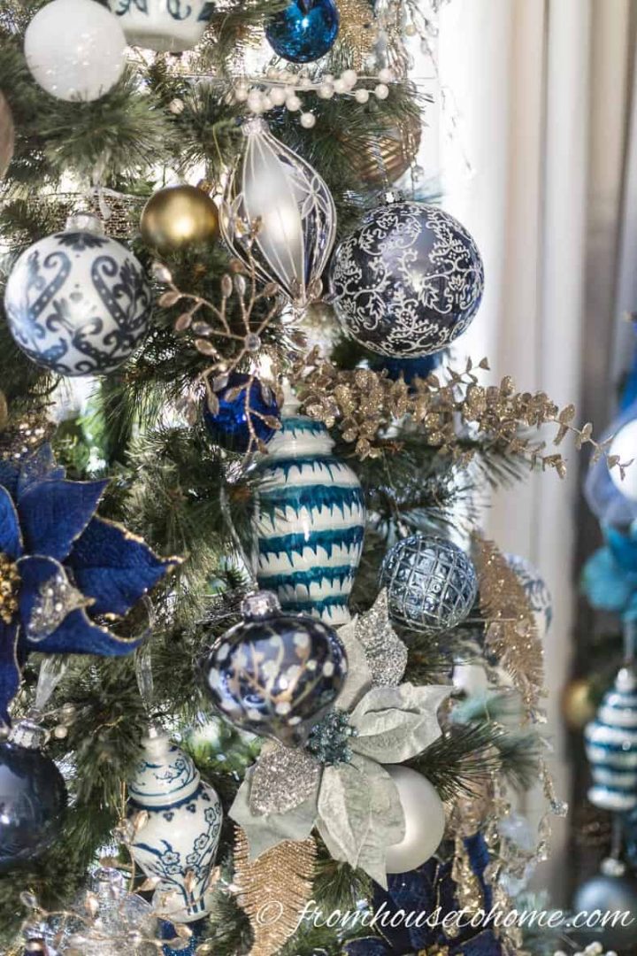 Blue and white ginger jar Christmas ornaments on the tree