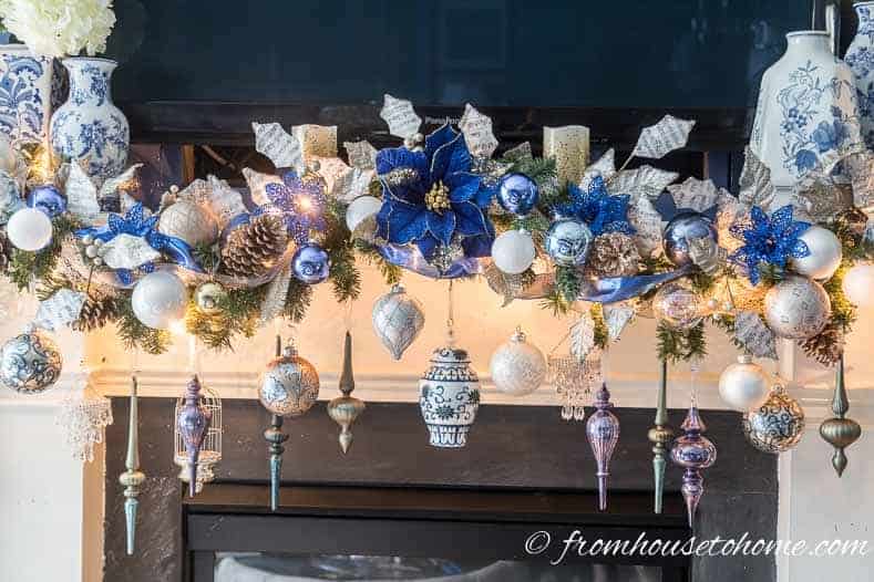 Blue, white and gold garland with the lights on
