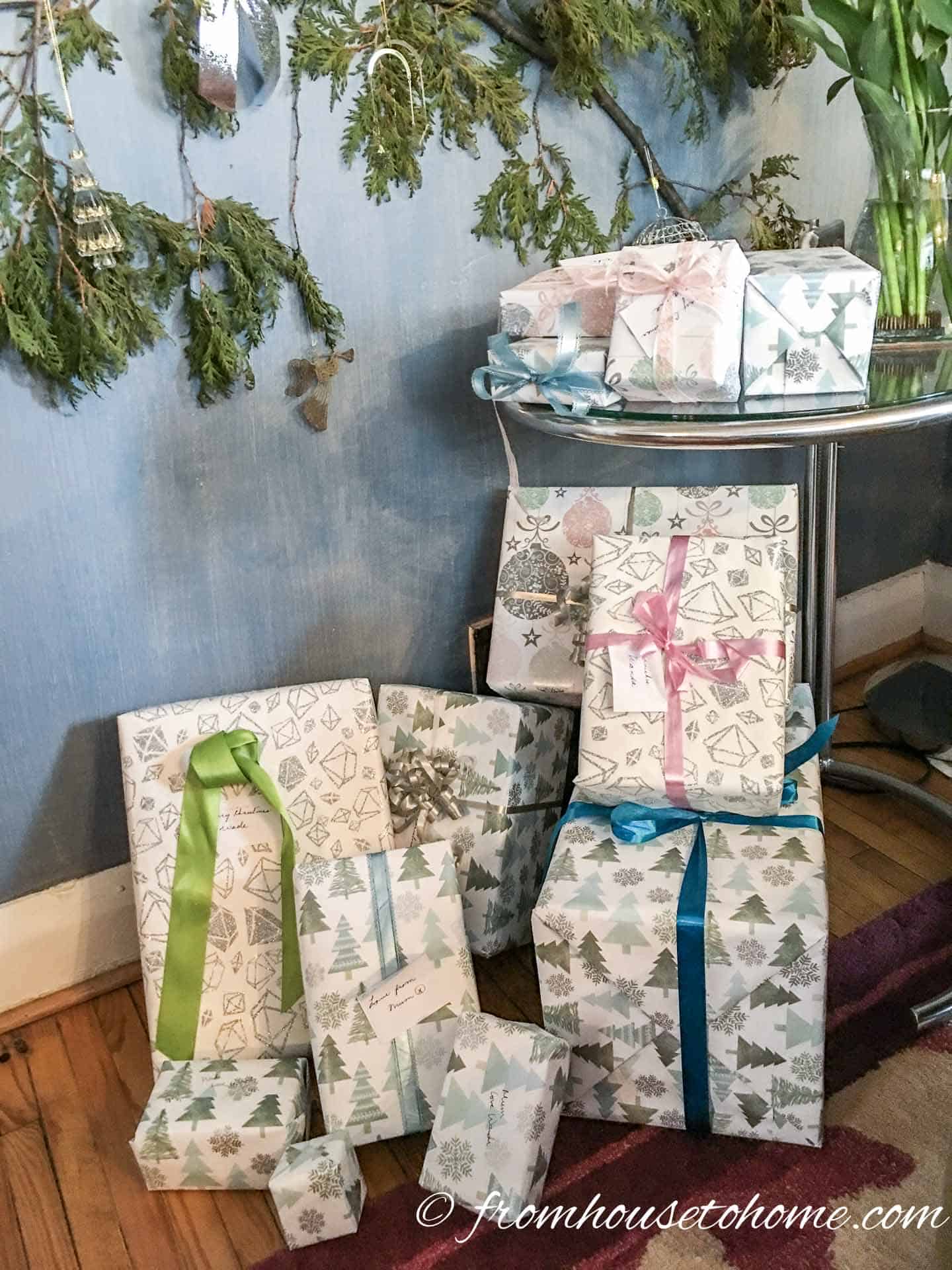 Christmas presents wrapped in coordinating paper used as Christmas home decorations