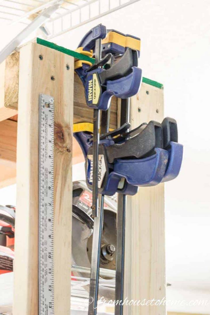 Store clamps on the side of a shelf or a block of wood