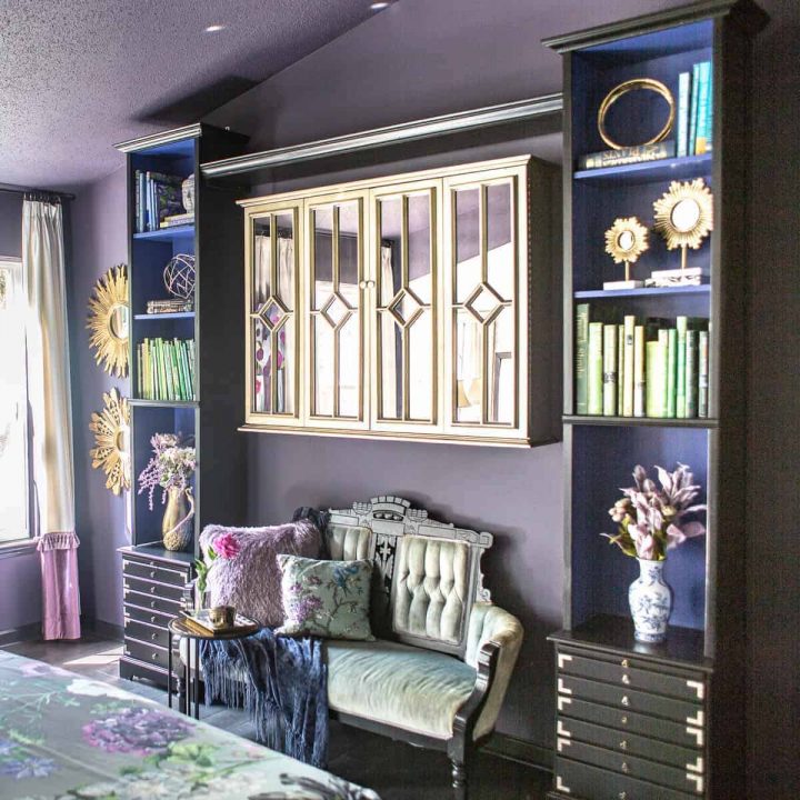 Bedroom in purple, black and gold