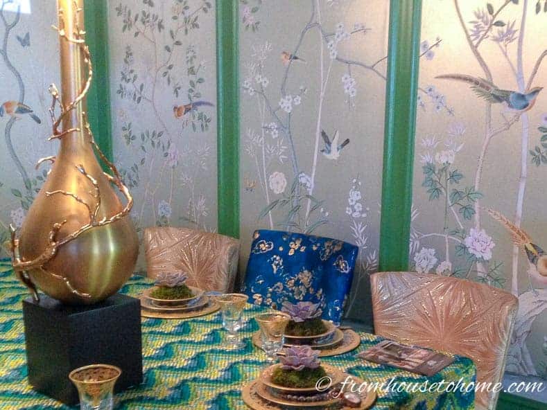 Chinoiserie wallpaper as shown by Beacon Hill and Corey Damen Jenkins at Dining By Design, New York, 2015
