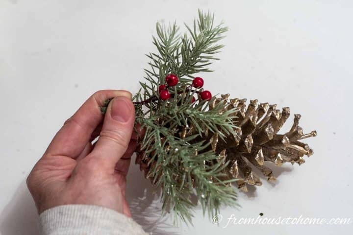 Evergreens and berries held on top of the gold pine cone