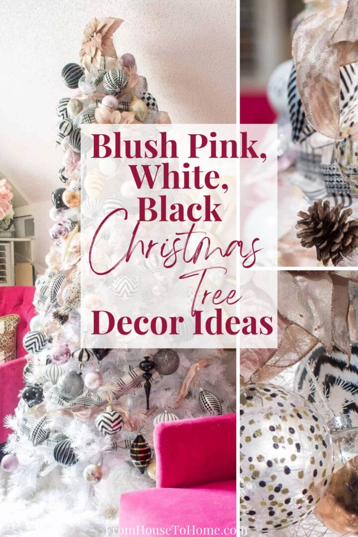 blush pink, white and black christmas tree decor ideas