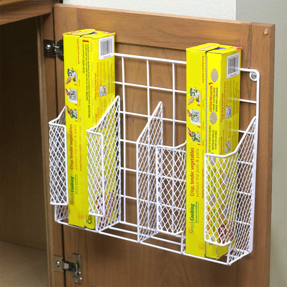 Kitchen cabinet door storage for foil and plastic wrap