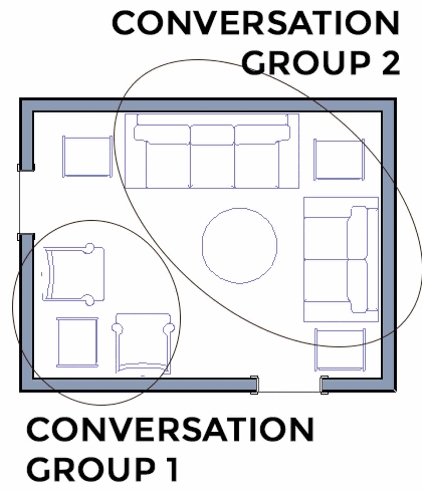 Living room layout with 2 conversation groups