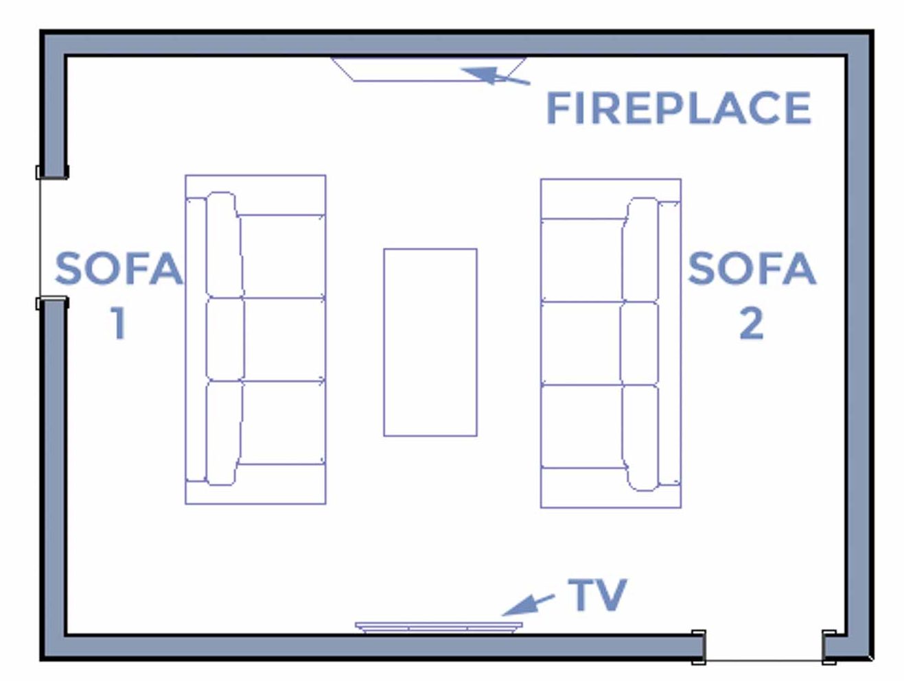 Living room layout with TV on opposite wall to the fireplace and perpendicular sofas