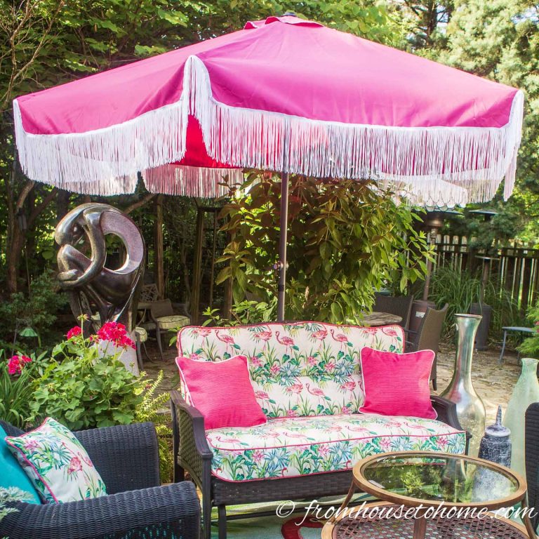 How To Decorate An Outdoor Umbrella With Fringe (No Sewing Required)