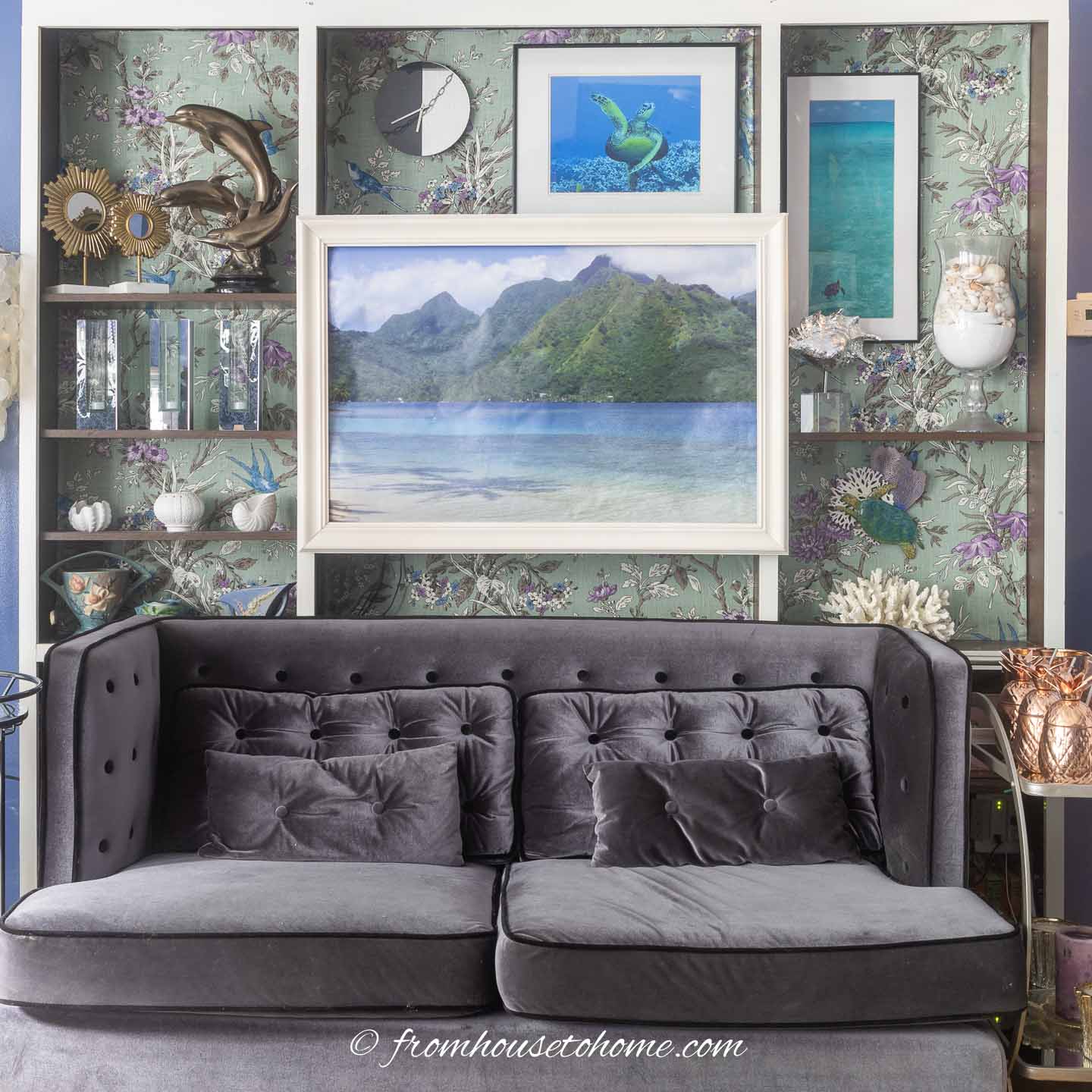 Living room wall with large DIY printed pictures