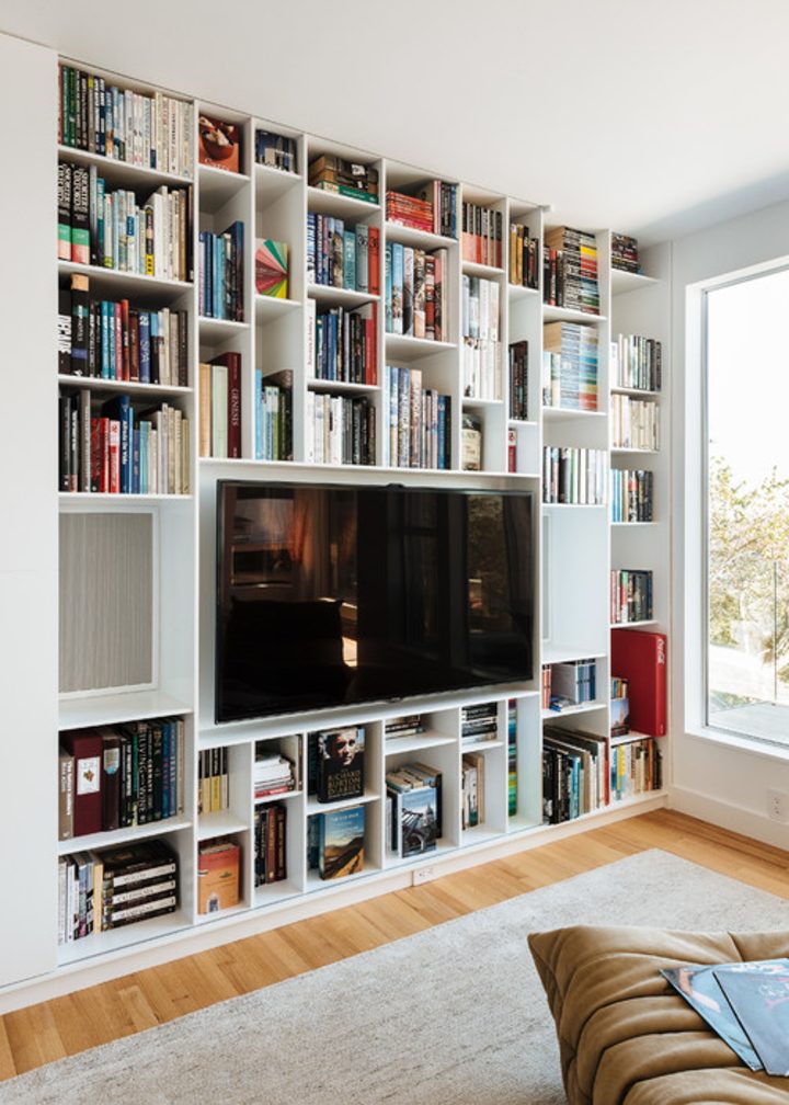 Living room library surrounding the TV