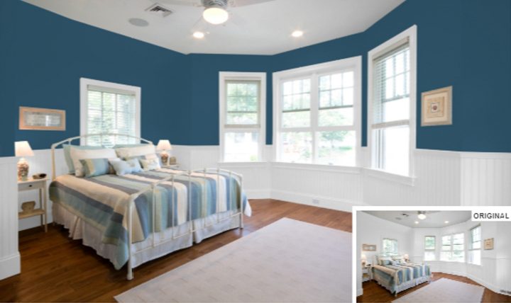 Bedroom painted with Sherwin William's 'Endless Sea' from their 2020 paint colors collection