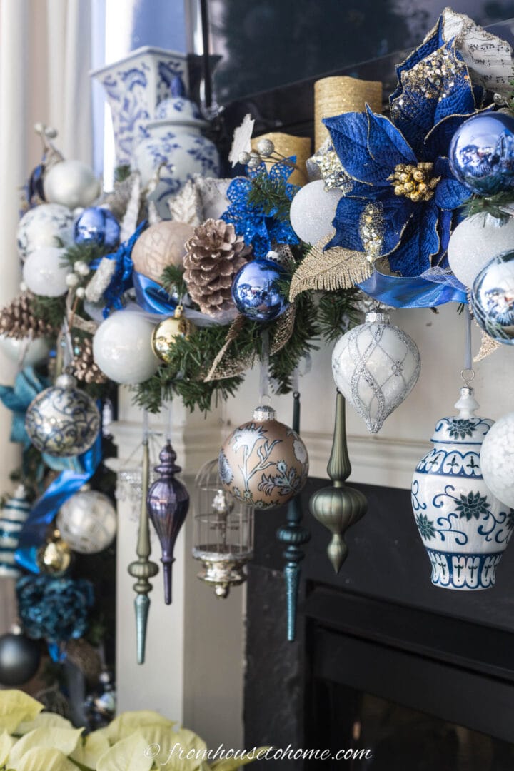 Close up of a blue and white DIY Christmas garland