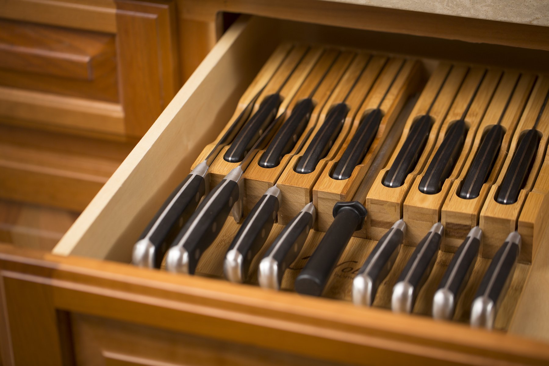 Knife block in a kitchen drawer