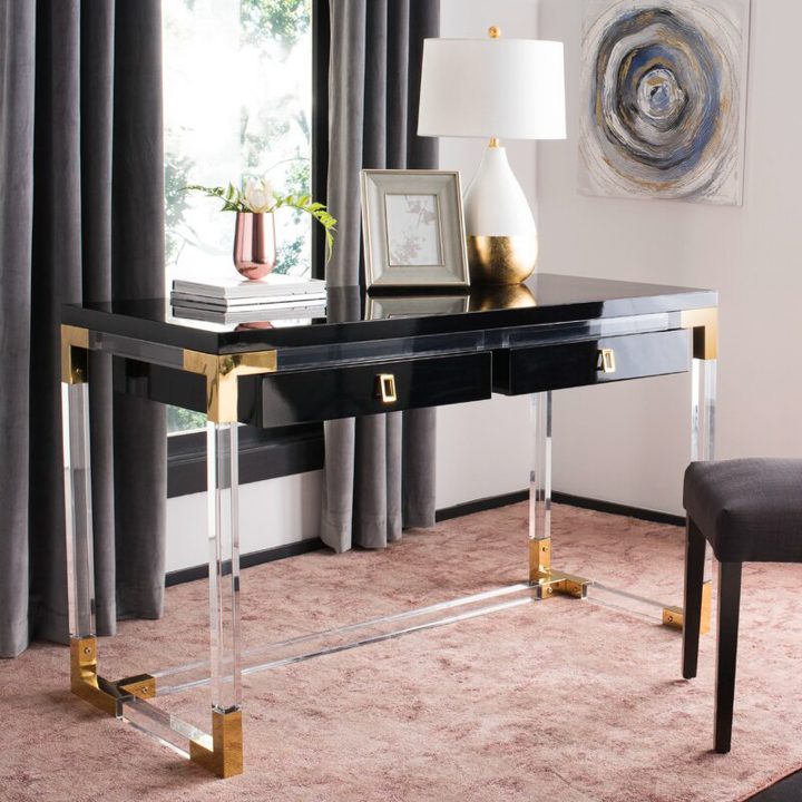 Black desk with gold and acrylic accents
