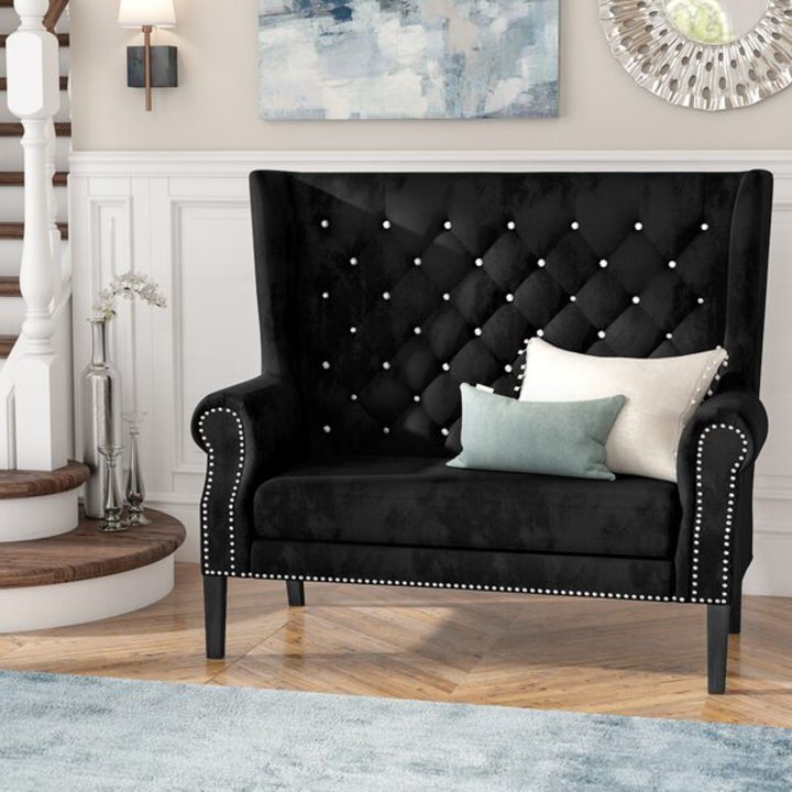 Home office couch - Black velvet love seat with silver nail head trim and tufting