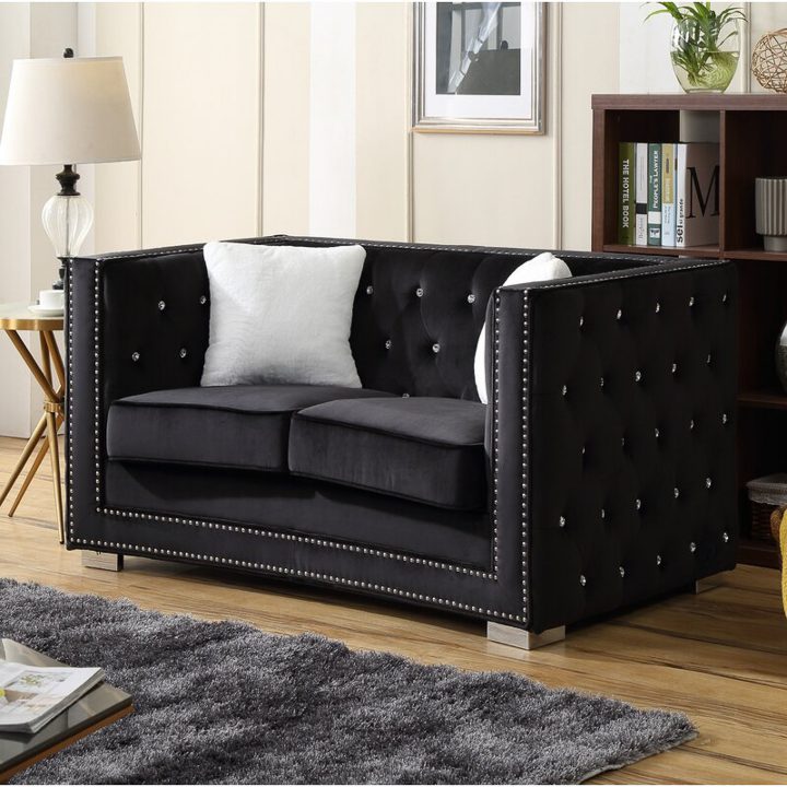 Home office furniture - Square frame black velvet love seat with tufting and nail head trim