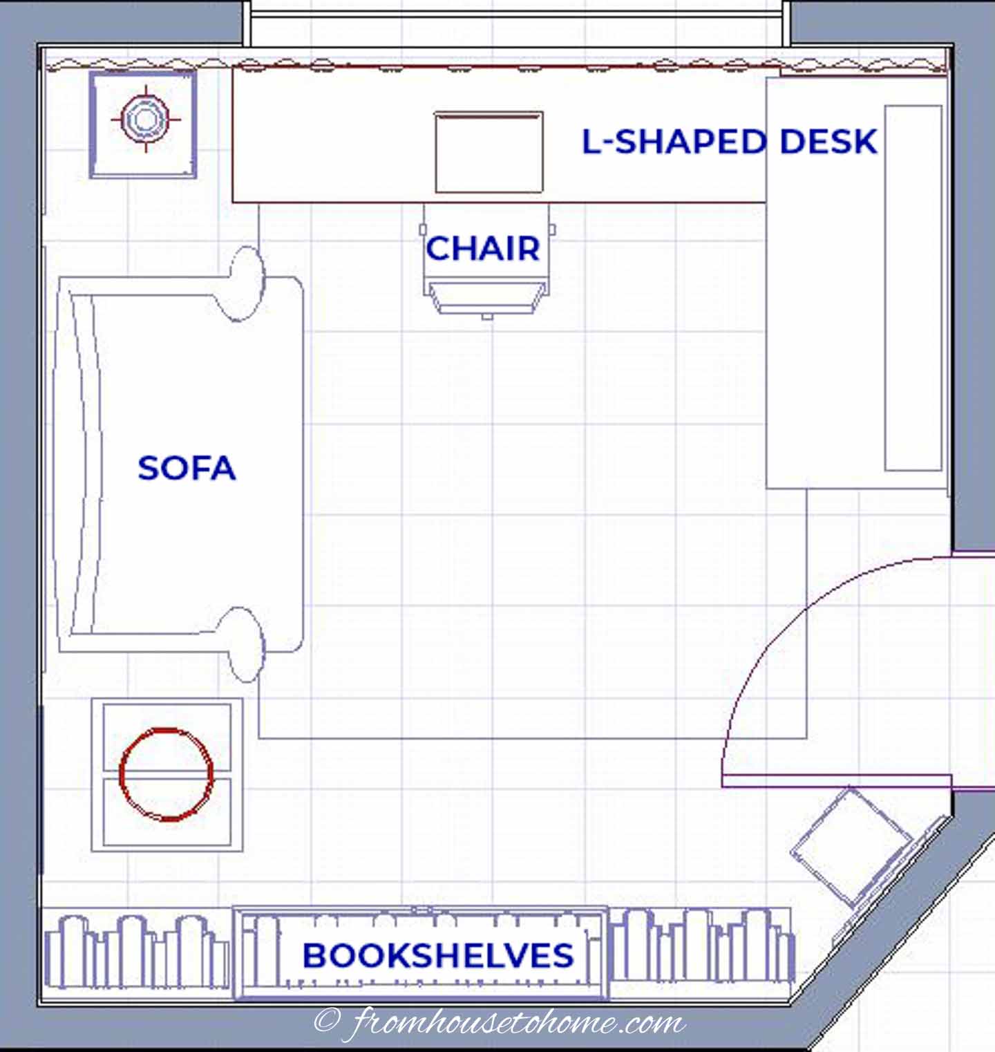 Small home office layout with an L-shaped desk in the corner and a couch