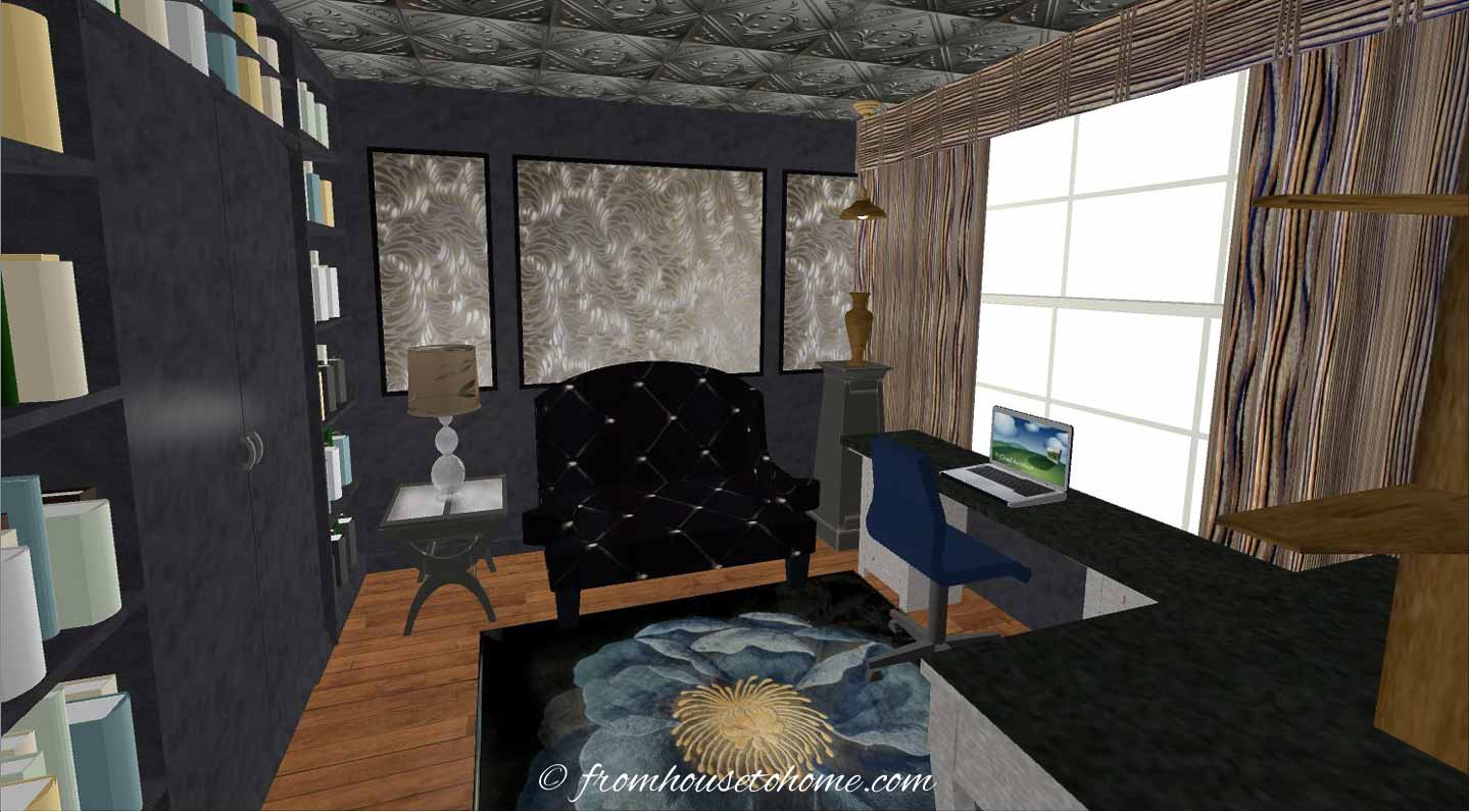 3-D rending of a small home office layout with a oouch