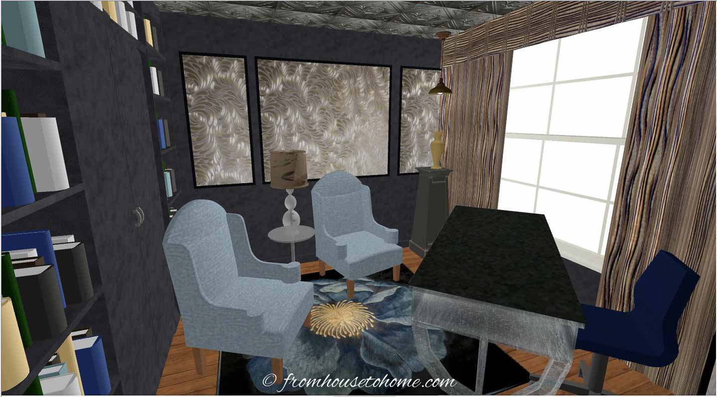 3-D rendering of a small home office layout on the diagonal