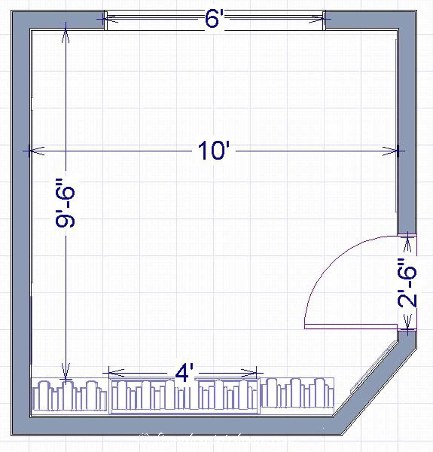 Scale drawing of a 10' x 10' home office layout with a large window and no furniture