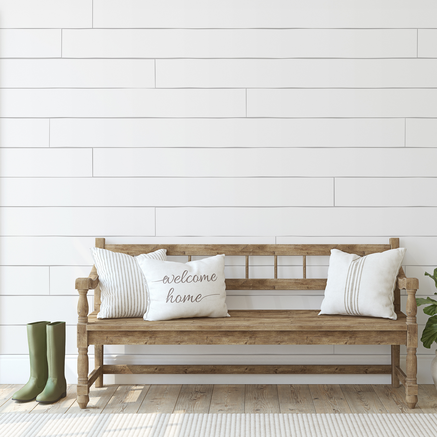 Farmhouse style entry way with bench and shiplap walls