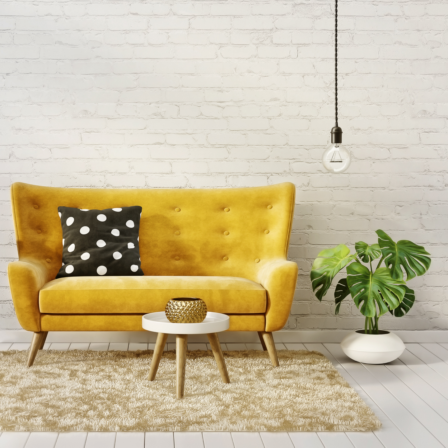 Mid-century modern living room with yellow sofa