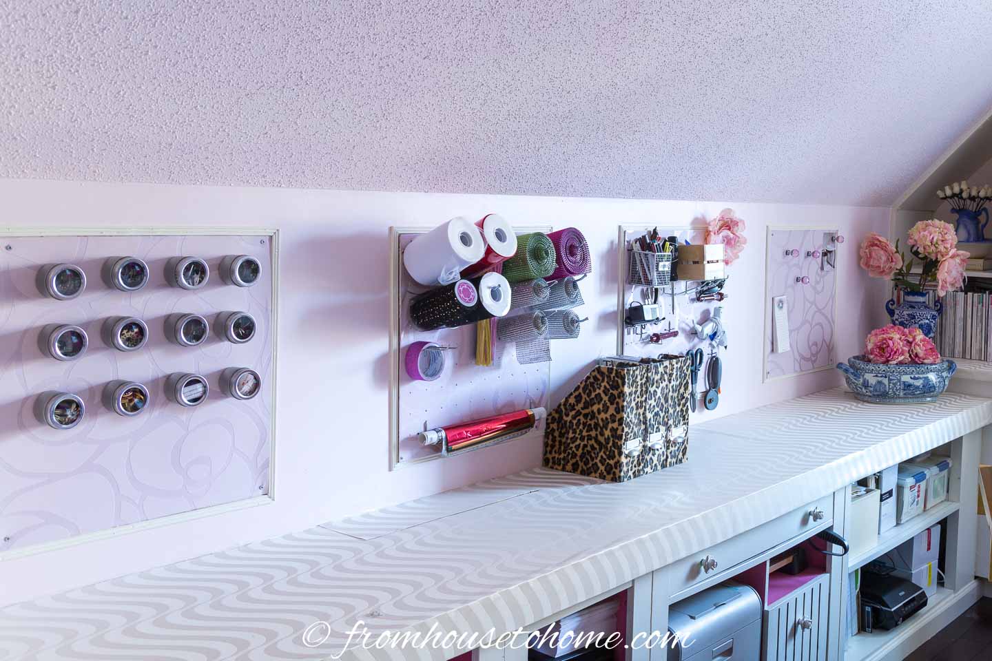 Home office/craft room with panel moldings along the wall