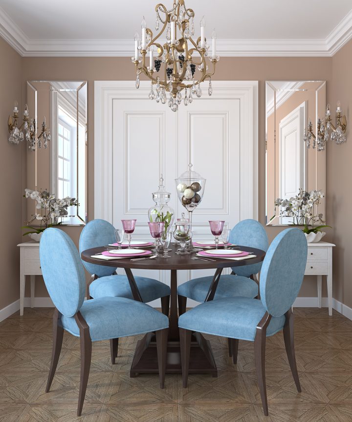 Radial symmetry design principle demonstrated by a dining room table with 4 chairs around it