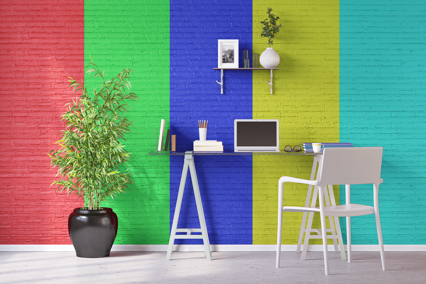 Office with wide, multi-colored stripes painted on a brick wall ©Robert Kneschke - stock.adobe.com