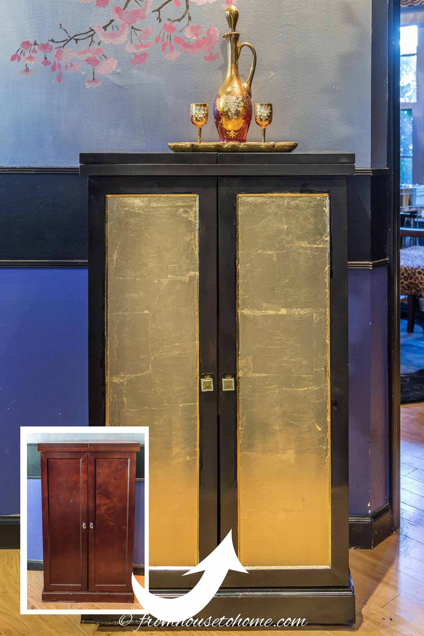 Before and after furniture makeover of a bar cabinet