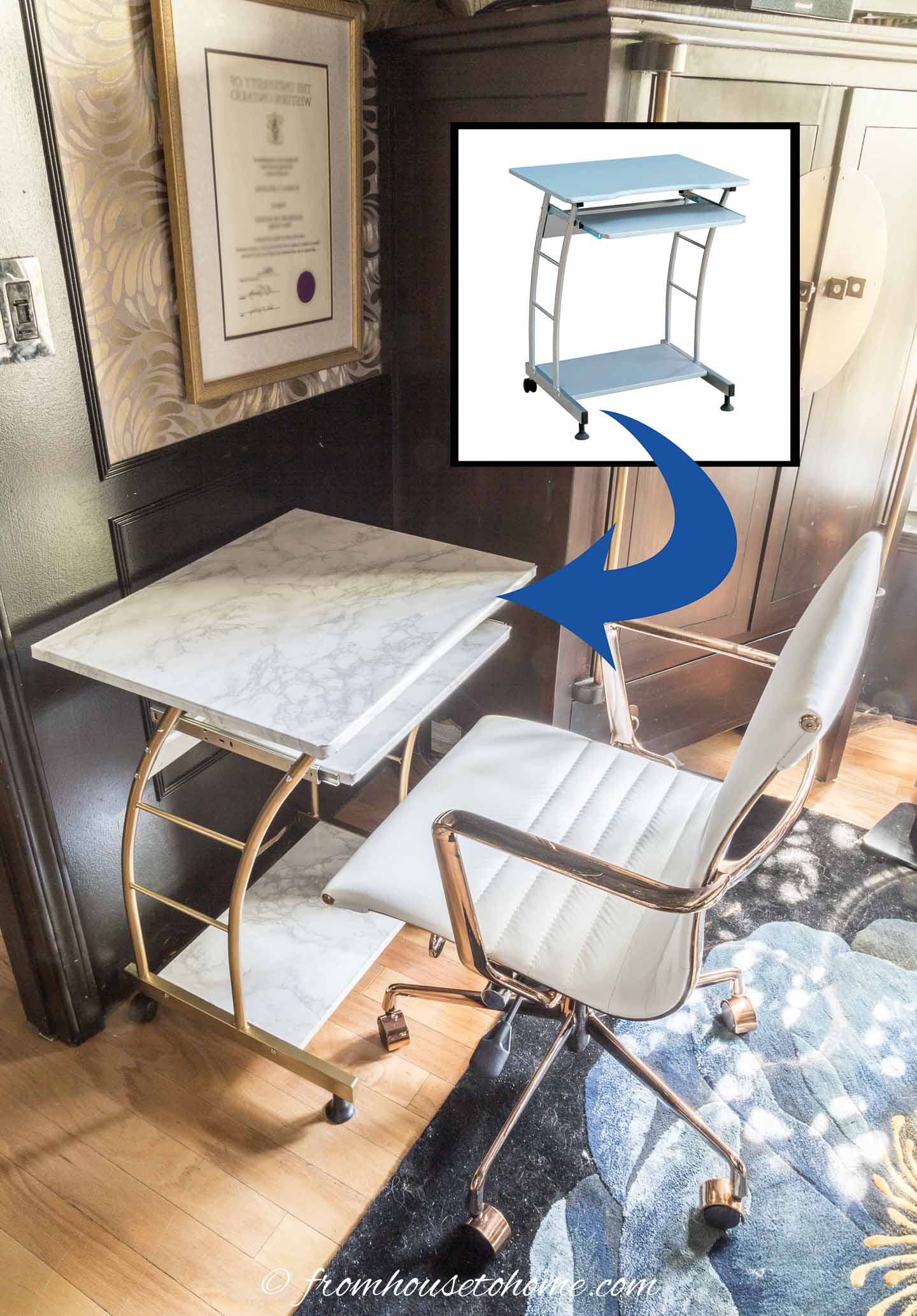 A computer table that has been updated using marble patterned contact paper