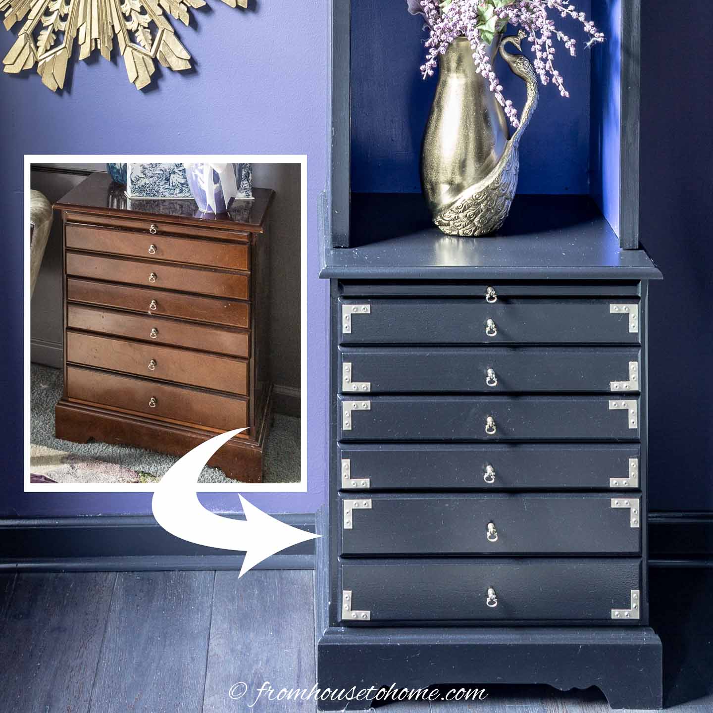 Before and after furniture makeover of a bedside table
