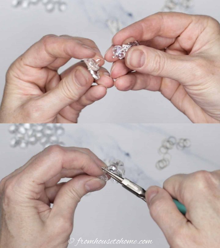 How to join the crystal bead and flat crystals together to create an uneven strand