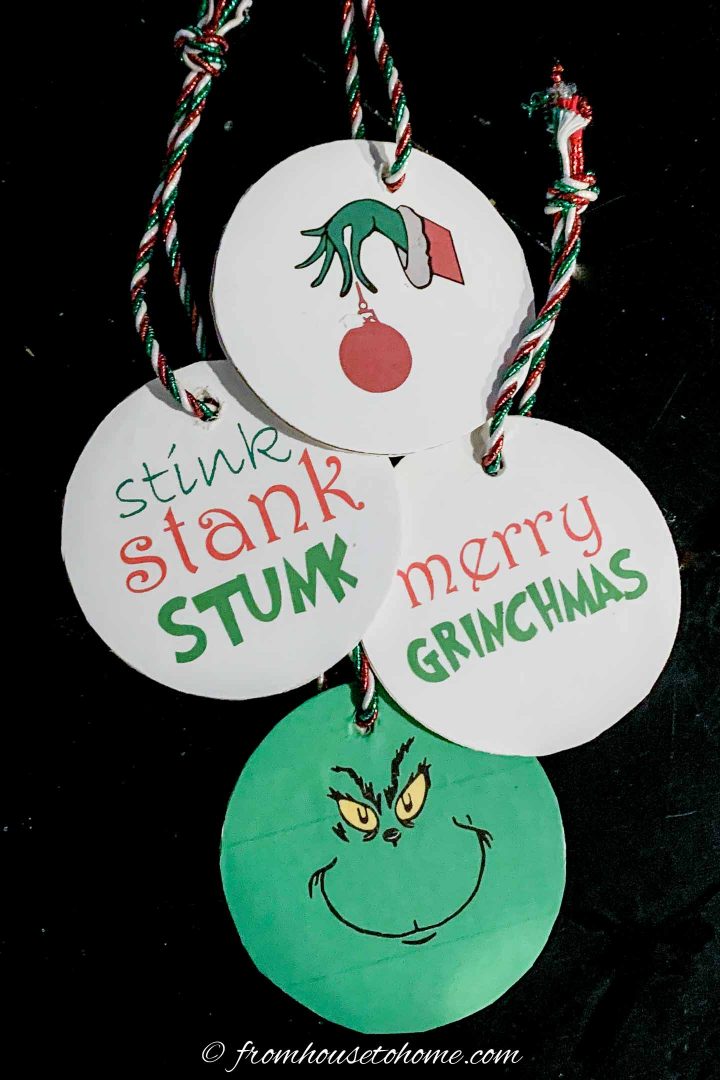 DIY Grinch Christmas ornaments with  ribbons