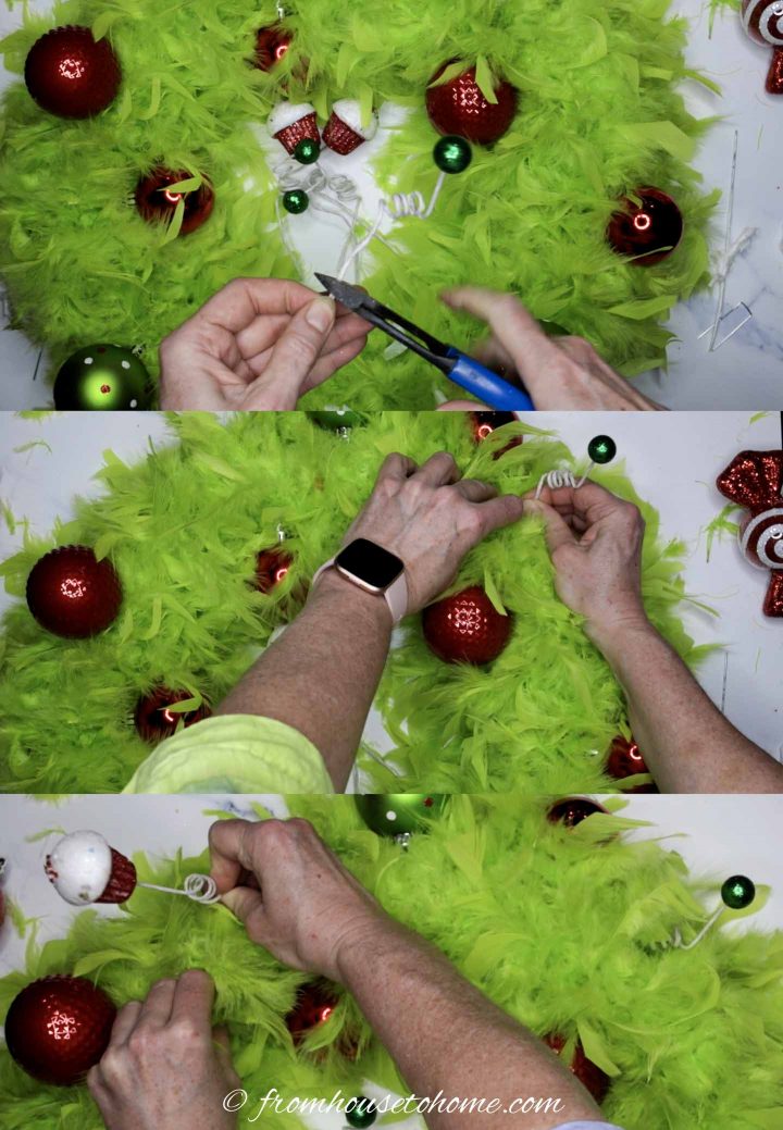 how to attach swirly pick onto a green feather DIY Grinch wreath