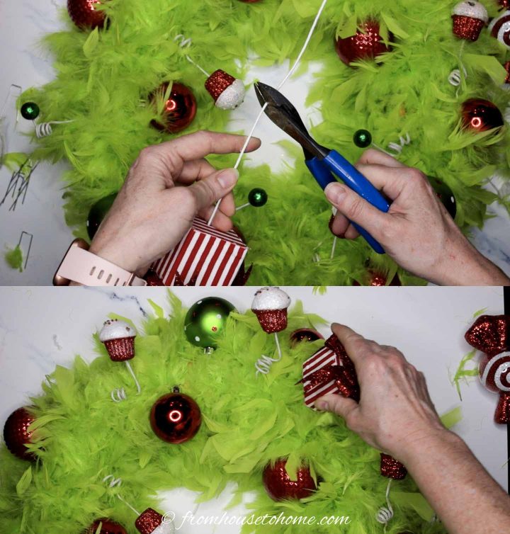 How to attach gift picks to the DIY Grinch wreath