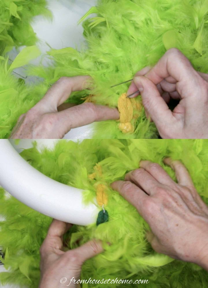 How to pin the ends of the feather boas to the wreath form