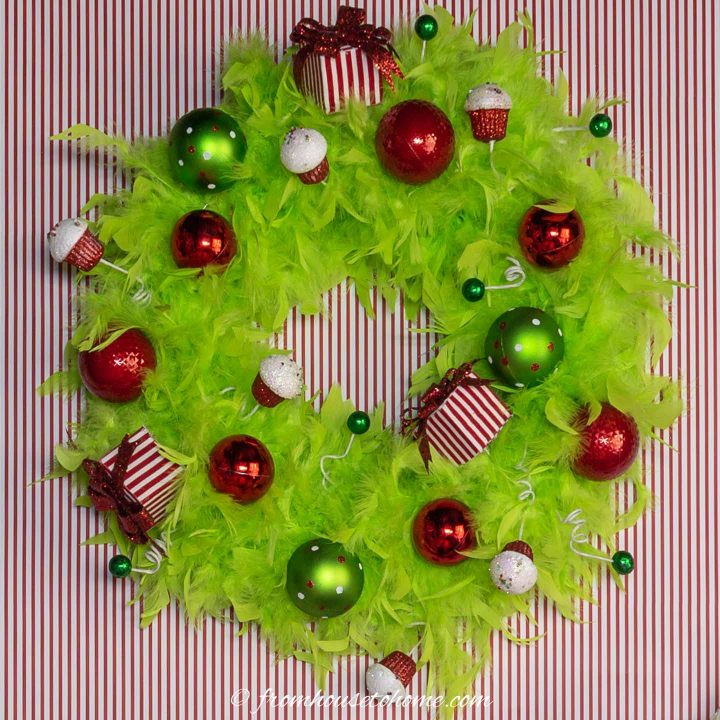 The finished DIY Grinch wreath