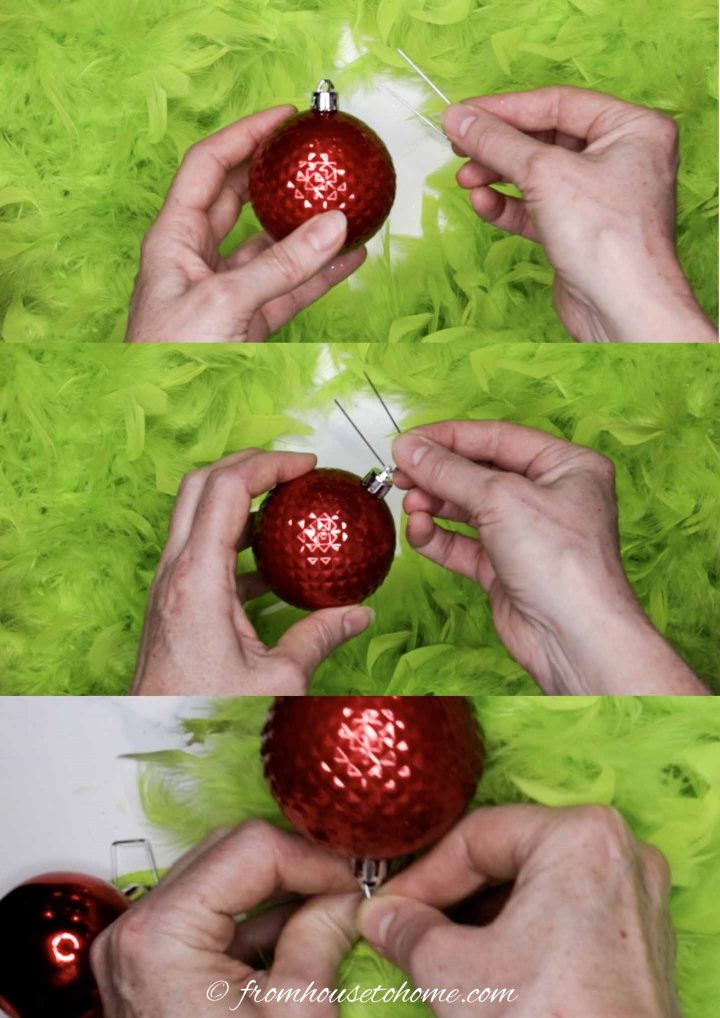 How to pin red ball Christmas ornament to a DIY Grinch wreath