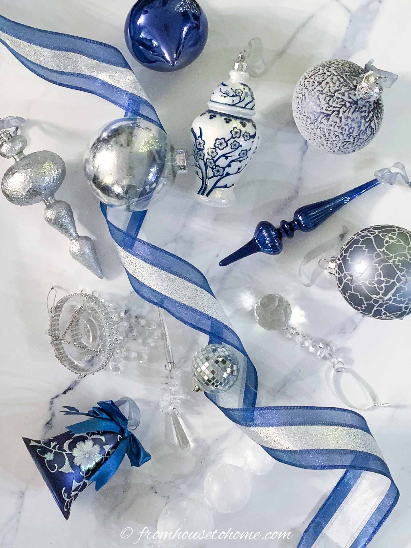 blue, white and silver christmas ornaments
