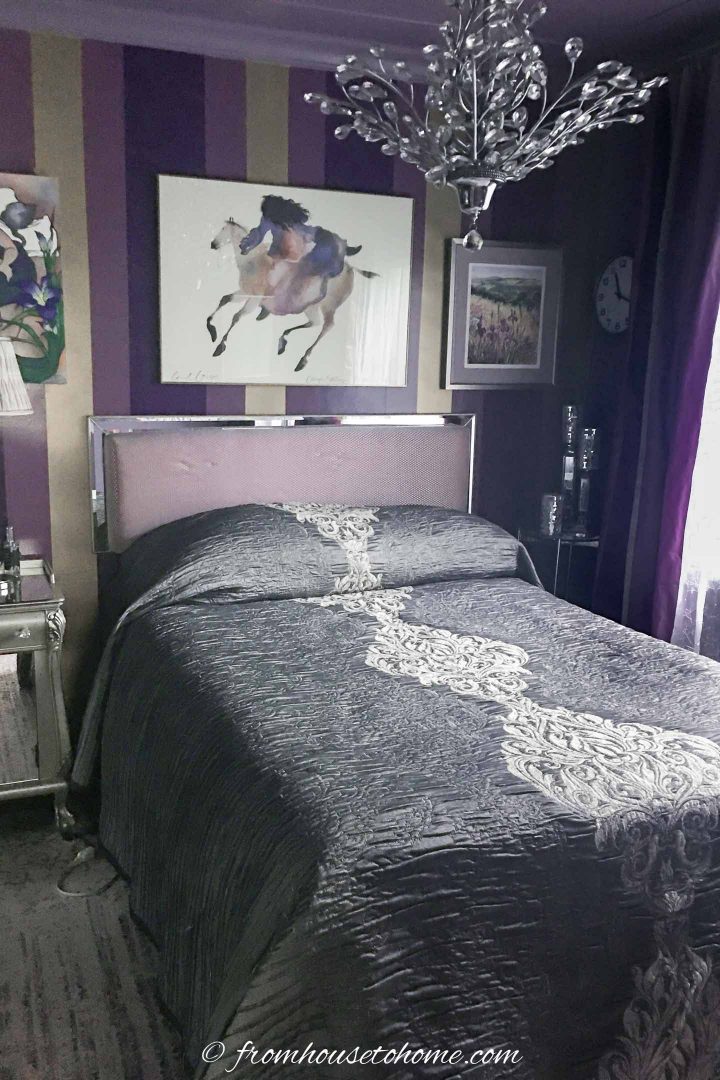 purple and gold bedroom makeover with a grey bedspread