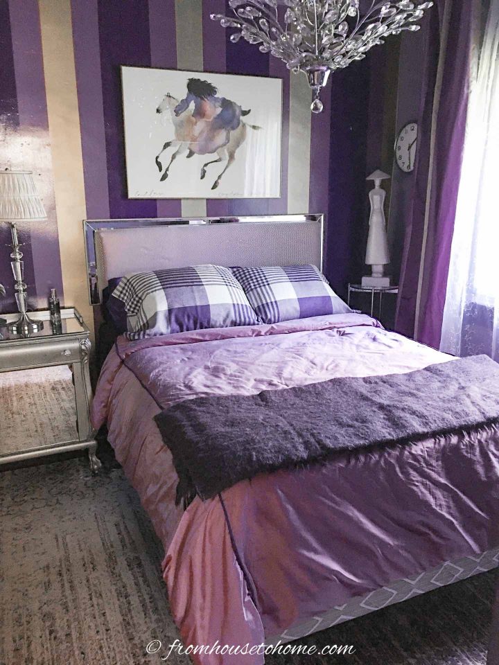 purple and gold bedroom makeover with a violet duvet