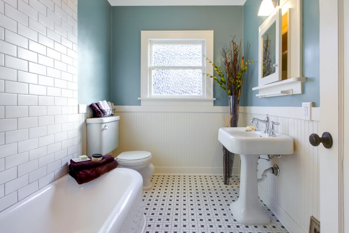 Teal and white bathroom