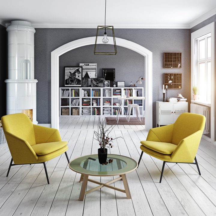 Room decorated with yellow and gray