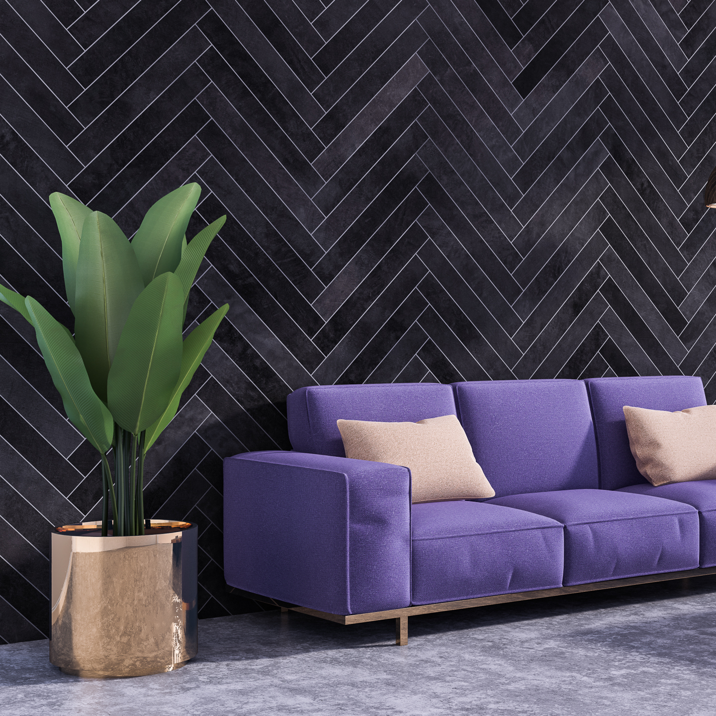 Black herringbone pattern on a wall behind a purple sofa