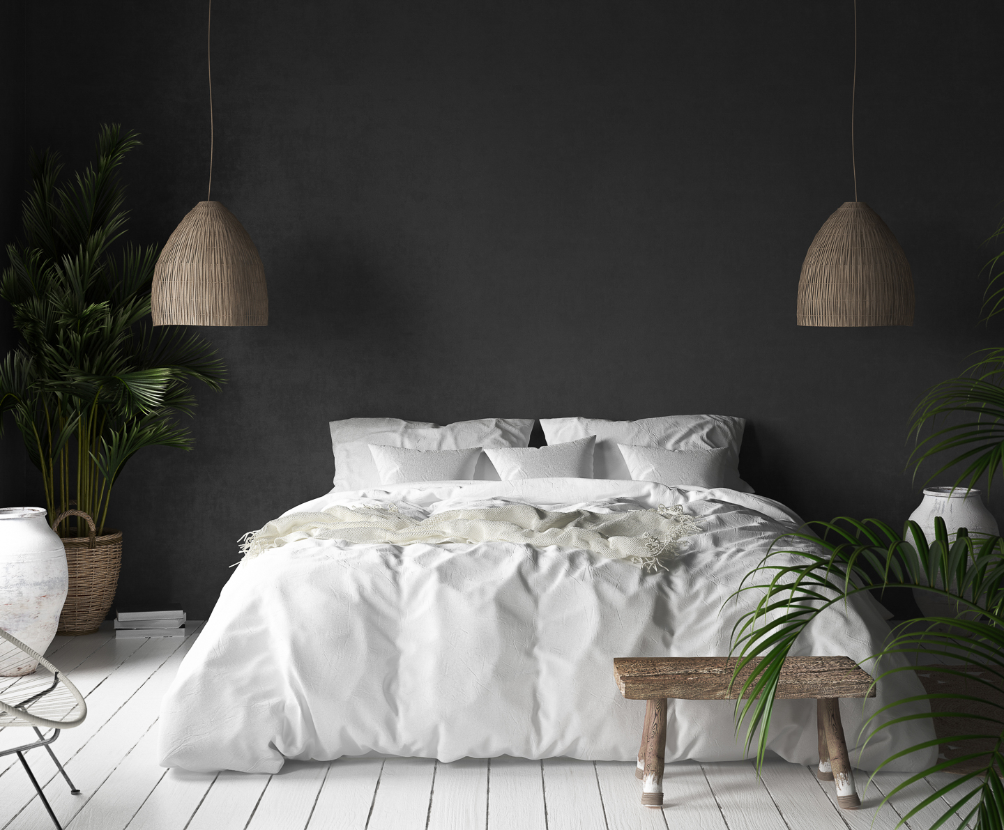 Black bedroom with rattan lamps, wood stool and plants