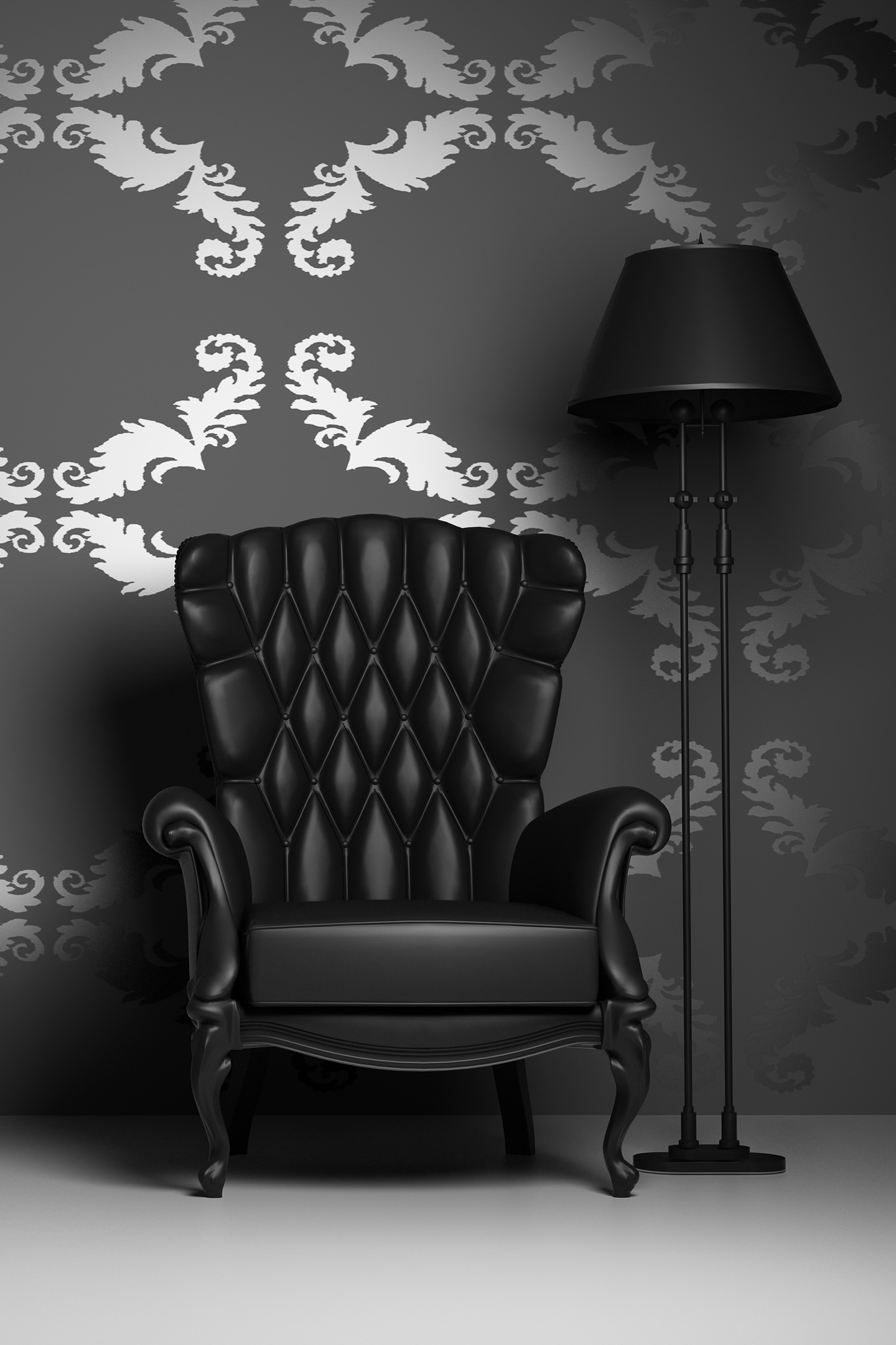 Black leather chair and lamp in a room with black and silver wallpaper