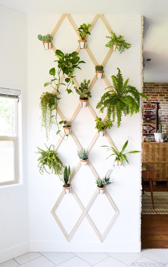 A wooden trellis covered in small potted plants for greenery inspired wall art. 
