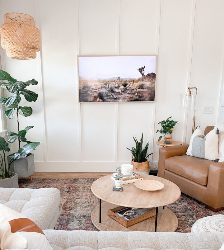 A white board and batten wall in a living space with plants and natural colored furniture. 